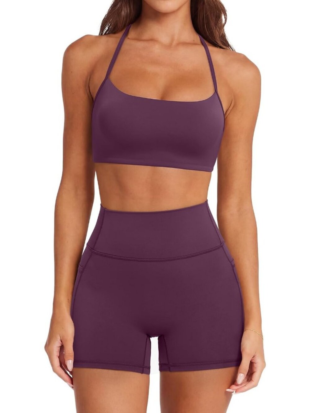 SUUKSESS Women 2 Piece Workout Sets Padded Halter Sports Bras High Waisted Biker